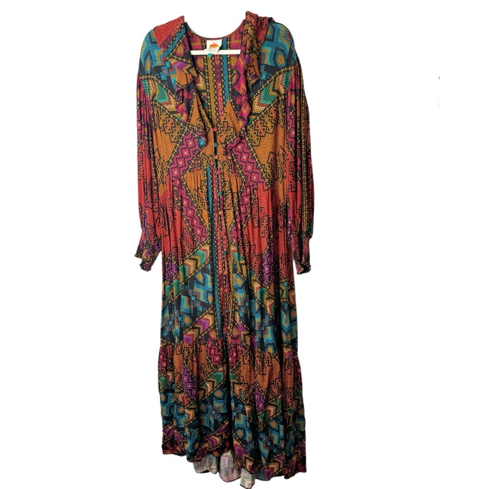 Farm Rio Yawanawa Stripes Ankle Maxi Bohemian Dress Size Large L - Picture 6 of 14